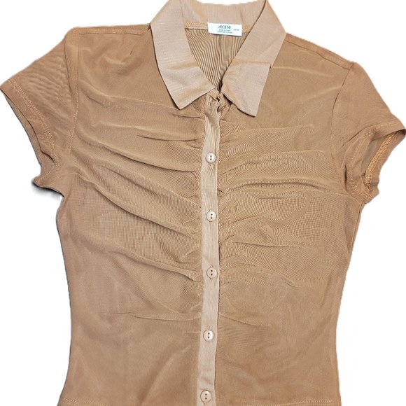 ardene tan mesh collared cap sleeve button up blouse - Picture 1 of 5